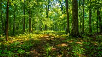 ai generado luz de sol filtración mediante lozano bosque foto