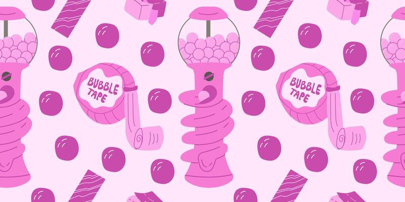 Seamless pattern with pink bubble gum machine bubble tape strawberry fruit gum and chewing candy. Vector cute pink bubblegum background illustration.
