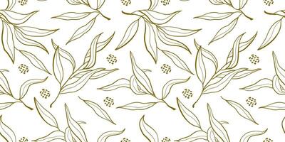 seamless pattern with gold olive branches isolated on white background. Vector abstract leaves illustration.