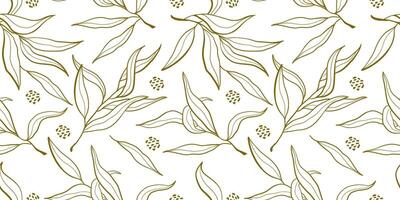 seamless pattern with gold olive branches isolated on white background. Vector abstract leaves illustration.