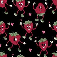 Seamless pattern with retro groovy strawberry. vector