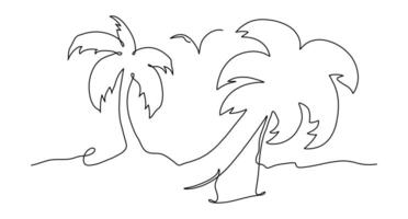 Continuous one line palm tree sketch island art. Vector abstract tropics minimal landscape illustration.