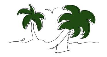 One line continuous color palm tree on the tropical island. Vector sketch nature art.