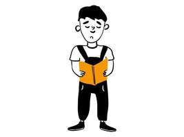 un inteligente chico es en pie y participación un libro en su manos lectura. vector garabatear ilustración aislado en blanco antecedentes.