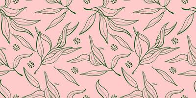 Seamless pattern with doodle green olive branch leaves. Vector hand drawn nature background illustration.