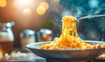 AI Generated Delicious spaghetti dinner in cozy restaurant setting photo