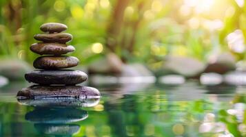 AI Generated Serene zen stones stack by water photo