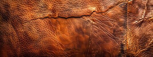 AI Generated Close-up of a textured brown leather surface with natural wrinkles and cracks photo