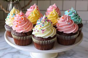 AI generated Easter-themed cupcakes with colorful frosting photo