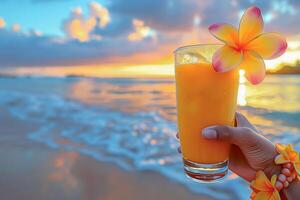 ai generado un mujer mano sostiene frío con hielo té o tropical Mocktail en playa exótico vacaciones, en contra brillante mar o Oceano antecedentes foto