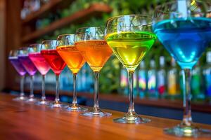 AI generated row of neon cocktails arranged on a bar counter, with a soft blurred background photo