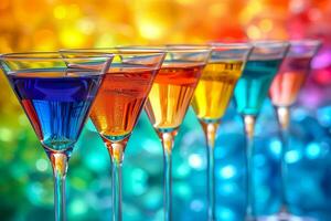 AI generated row of neon cocktails arranged on a bar counter, with a soft blurred background photo