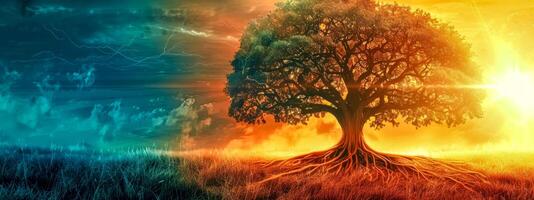 AI Generated Majestic tree at sunset with storm approaching photo