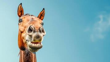 ai generado divertido caballo con gracioso facial expresión en contra azul cielo foto