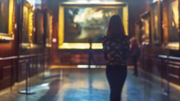 ai generado mujer contemplando Arte en galería foto