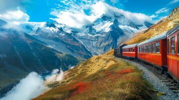 ai generado Clásico rojo tren de viaje mediante majestuoso montañas debajo un lleno de nubes cielo foto