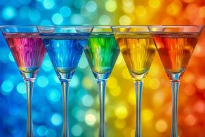 AI generated row of neon cocktails arranged on a bar counter, with a soft blurred background photo