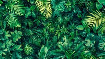 AI Generated Lush background of varied green tropical leaves in a dense pattern photo