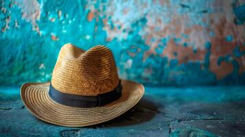 AI Generated Vintage straw hat on textured background photo