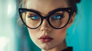 AI Generated Striking blue eyes behind large black glasses photo
