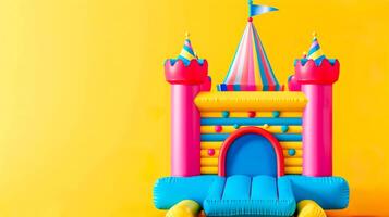 AI Generated Colorful inflatable castle on yellow background photo