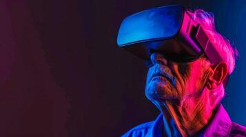 AI Generated Senior man experiencing virtual reality, copy space photo