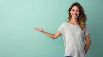 AI generated Smiling and Pointing, Young Happy Woman Presenting an Empty Space Next to Her, Generative AI photo