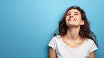 AI generated Upward and Onward, A Smiling Young Woman Looking Up Above Her with Copy Space, Generative AI photo