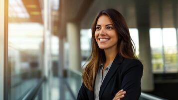 AI generated Effortlessly Confident, A Business Woman Smiling in the Office Building Lobby, Generative AI photo