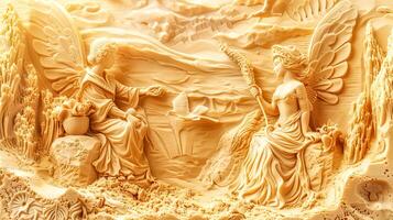 AI Generated Engraved mythical scene with angels in sand photo