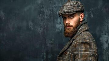 ai generado elegante hombre con barba en clásico tweed gorra foto