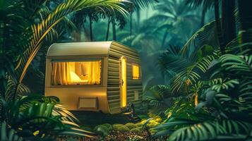 AI Generated Cozy caravan in enchanted forest at twilight photo