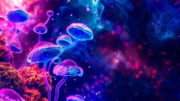 AI Generated Vibrant bioluminescent mushrooms in a mystical forest setting with neon lights photo