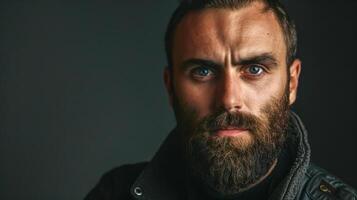 AI Generated Close-up of a bearded man with intense gaze against dark background photo