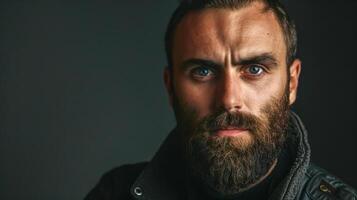 AI Generated Close-up of a bearded man with intense gaze against dark background photo