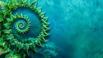 AI Generated Fern spiral over abstract blue water background photo