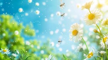 AI Generated Spring awakening. daisies and bees in sunlit meadow photo