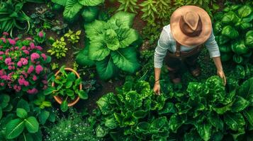 AI Generated Gardener tending to lush vegetable garden photo