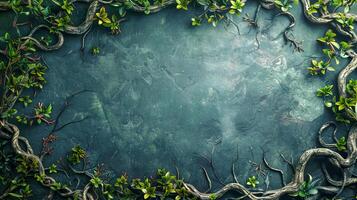 AI Generated Mystical backdrop with creeping vines and lush greenery on a dark, textured surface photo