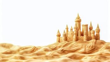 ai generado majestuoso castillo de arena en un dorado playa, Copiar espacio, blanco antecedentes foto