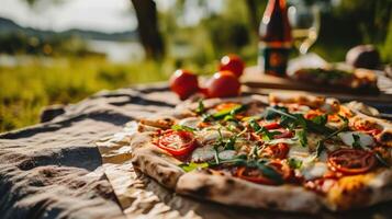 AI generated Veggie loaded pizza against a vibrant outdoor picnic setting photo