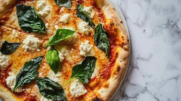 AI generated Top down shot of a white pizza with ricotta and spinach photo