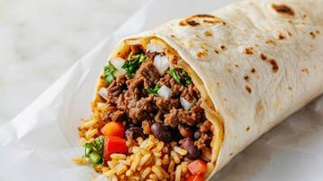 AI generated Top down view of a Classic Beef Burrito on a clean white background photo