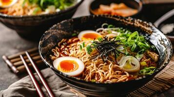 AI generated Tan Tan Ramen against a traditional Asian market backdrop photo