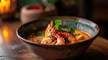 AI generated Tom Yum with Salmon against a rustic kitchen table photo
