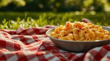 AI generated Cheese Macaroni against a picnic background photo