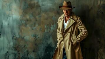 AI Generated Mysterious man in trench coat posing against grunge background photo