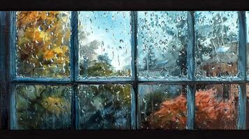 AI Generated Autumn rain on vintage window pane photo