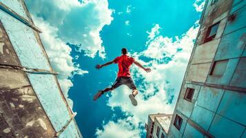 AI Generated Urban explorer leaping between buildings photo