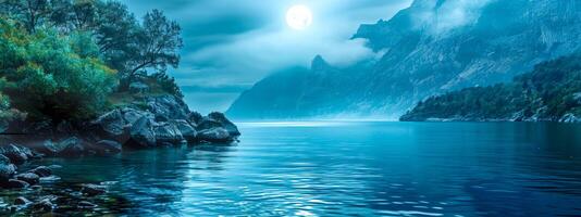 AI Generated Serene night scene with a luminous full moon over a tranquil mountain lake photo